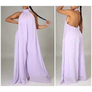 Lavender Purple Halter Wide Leg Chiffon Backless Jumpsuit Flowy Dressy Size XL